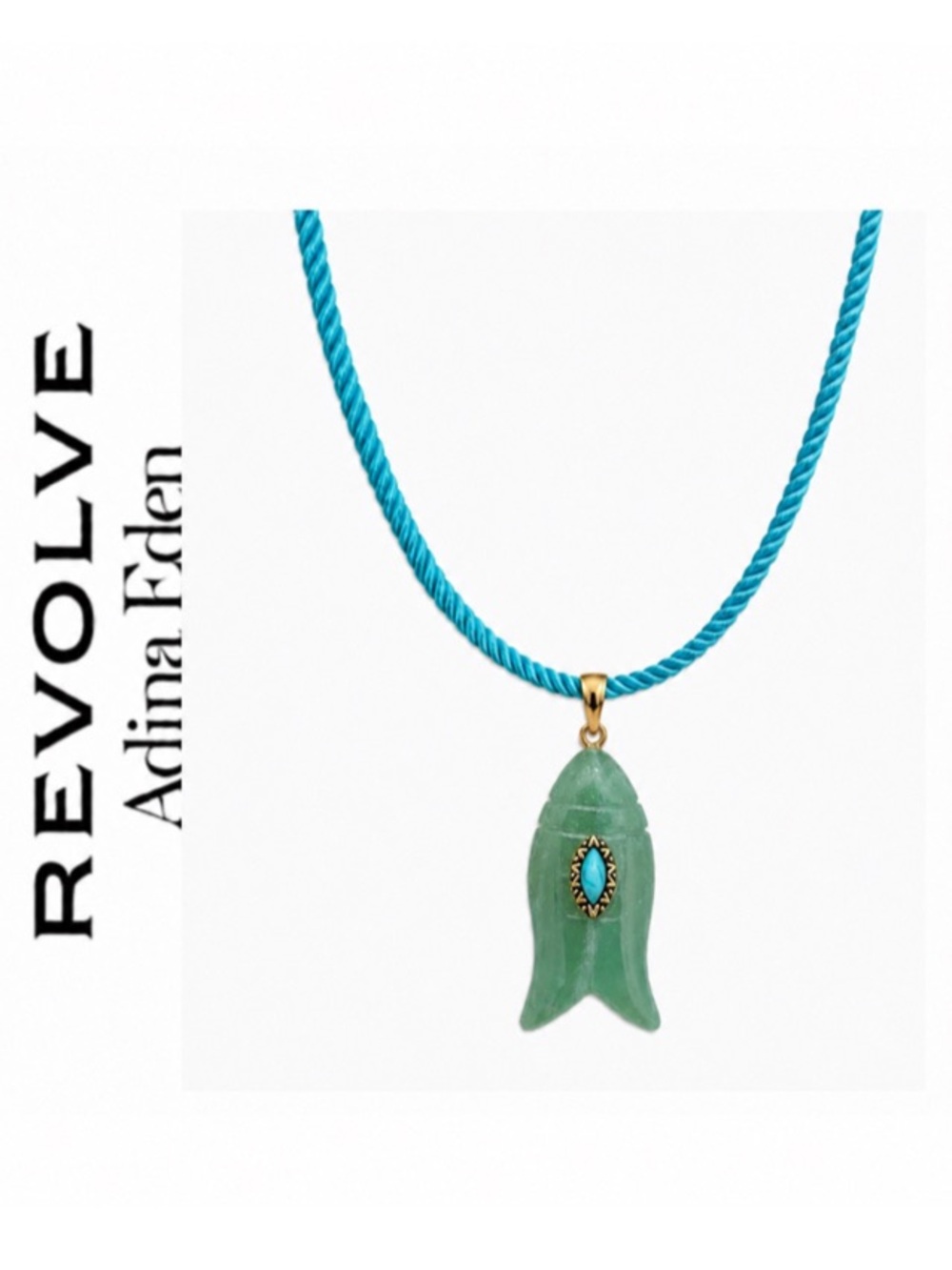 Revolve x Adina Eden Carved Green Jade Fish Pendant & Turquoise Cotton Rope Chai